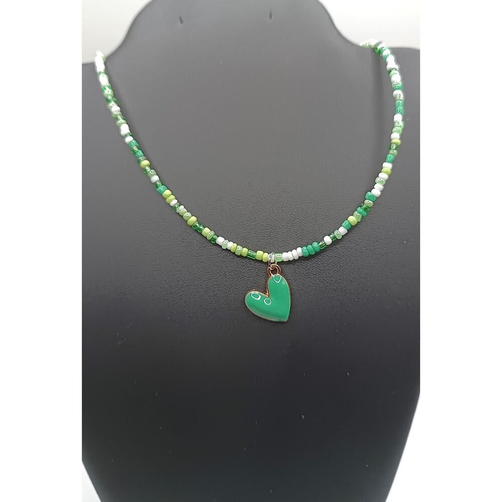 Green Beaded Heart Necklace Adjustable 16-19" Cute Minimal
